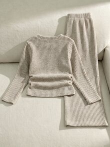 Baby Girls 2 Pieces Set, Brushed Ribbed TShirt & Long Pants, Decorated With Bow Print, Exquisite, Comfortable & Easy To Wear - Grey - View 2