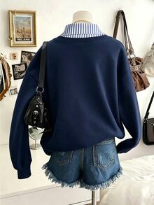 Selianne Sweatshirt Kerah Bergaris Linen 2 in 1 Desain Serbaguna Kasual Musim Gugur Awal Terbaru untuk Wanita, Cocok untuk Pakaian Sehari-hari dan Liburan. - Navy Blue - View 7