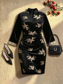 EastFlair Plus Size Women's Floral Print Pleated Casual Party Dress - Black - View 11