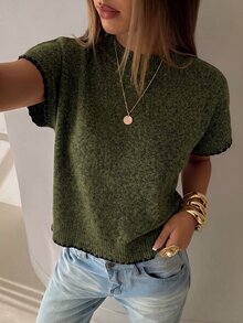 Aloruh Women's Round Neck Contrast Trim Shell Embroidery Sweater Vest, Suitable For Daily Wear - Army Green - View 1