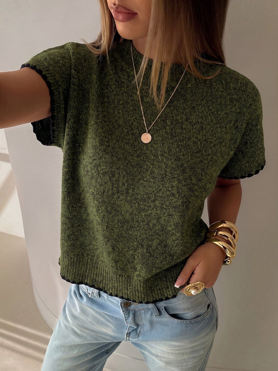 Aloruh Women's Round Neck Contrast Trim Shell Embroidery Sweater Vest, Suitable For Daily Wear - Army Green - View 1