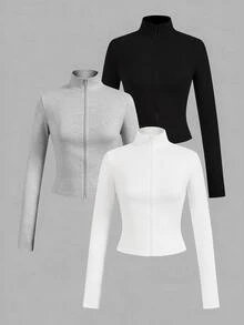 SHEIN EZwear 3件裝休閒極簡風黑色、灰色、白色針織拉鍊長袖女款T恤，適合秋冬穿著 - 彩色 - 查看 3