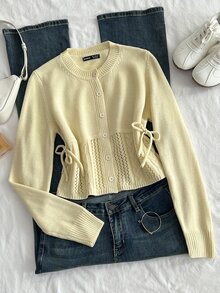 Sweetra Cream Yellow Round Neck Single-Breasted Hollow Cable Knit Women's Cardigan - Light Yellow - View 5