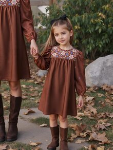 Tween Girl Tween Girl) Brown Lantern Sleeve Embroidered Cute Round Neck Long Sleeve Dress, Suitable For Birthday Party And Daily Wear - Coffee Brown - View 1