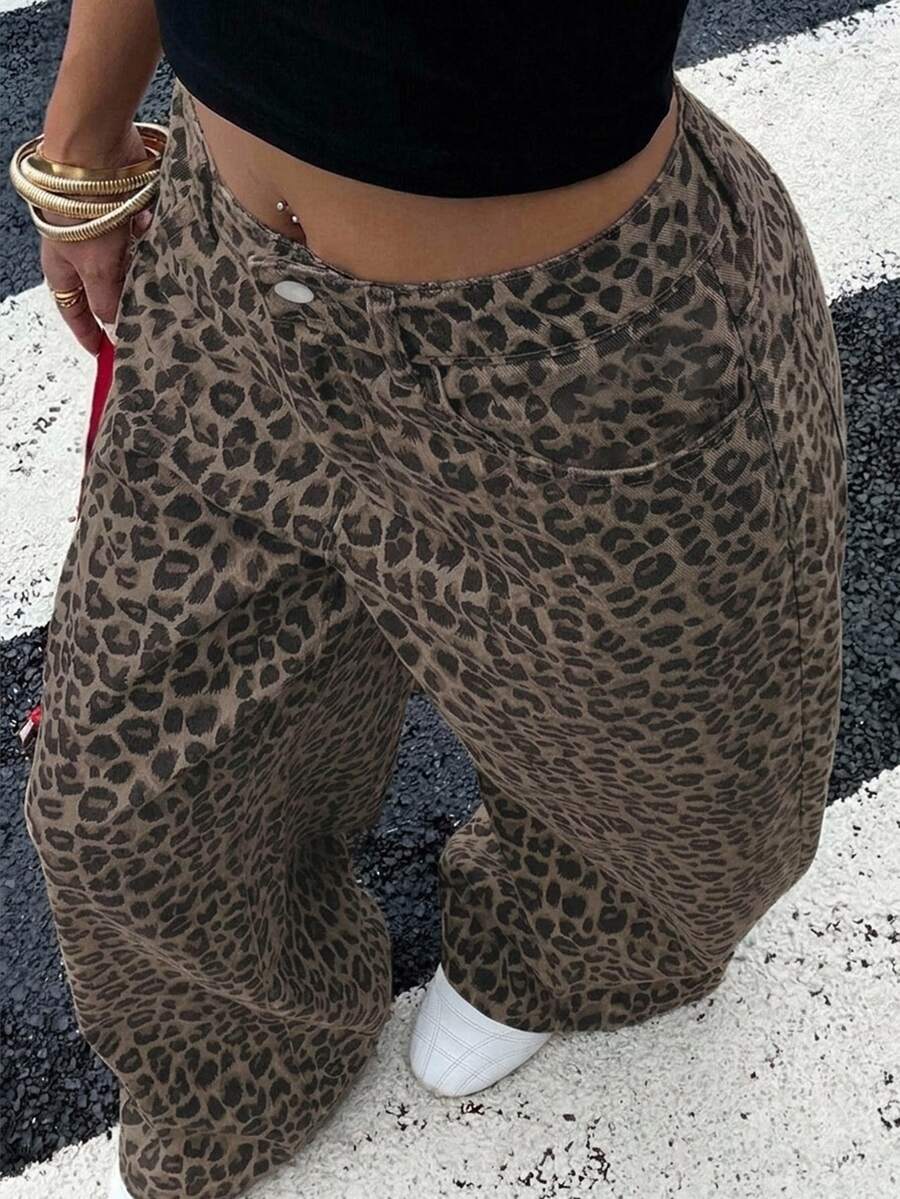 Livesso Dazy Plus Leopard Print Loose Street Style Long Plus Size Women's Jeans All Season - Khaki - View 1