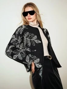 Aveloria Modichic Women's Jacket Loose Straight Embroidered Single-Breasted Round Neck Modern Black Large White Leaf Embroidery Fall Clothes For Women Autumn Outfit - Black - View 1