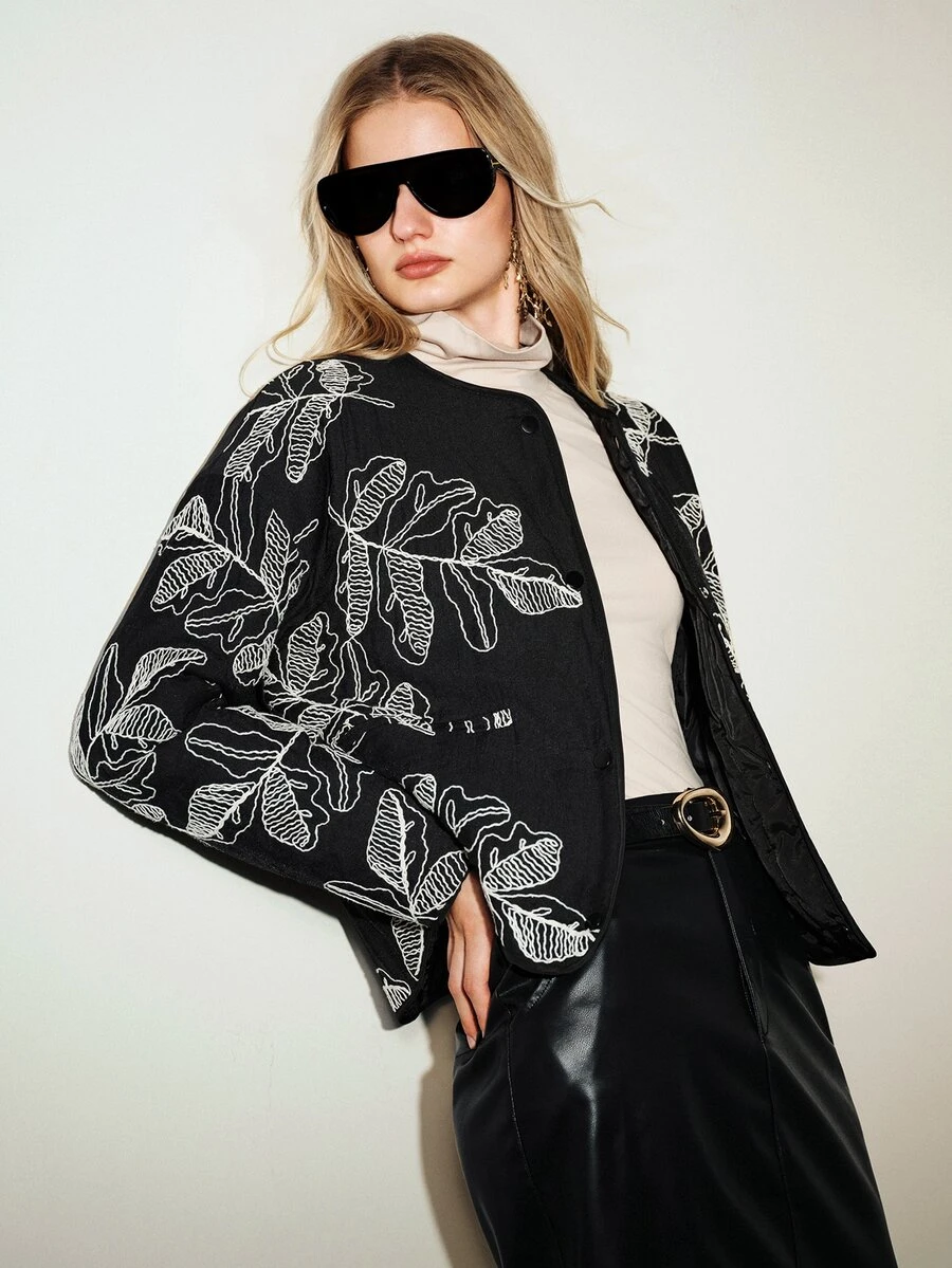Aveloria Modichic Women's Jacket Loose Straight Embroidered Single-Breasted Round Neck Modern Black Large White Leaf Embroidery Fall Clothes For Women Autumn Outfit - Black - View 1