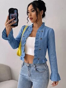 SHEIN Elenzya 女款雙排扣荷葉邊開襟休閒法式優雅夾克，矢車菊藍，秋季日用下午茶穿搭 - 藍色 - 查看 4