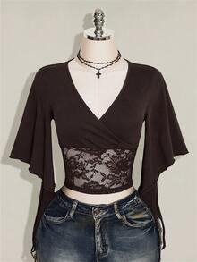 SHEIN ICON 女款蕾絲拼接V領修身百搭T恤 - 棕色 - 查看 6
