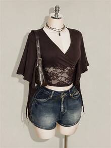 SHEIN ICON 女款蕾絲拼接V領修身百搭T恤 - 棕色 - 查看 8