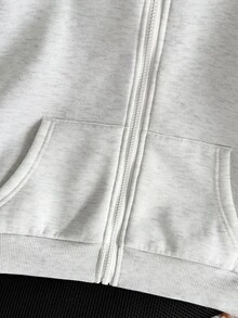 SHEIN 女童春季連帽拉鍊外套 針織面料 寬鬆版型 淺灰色 街頭健身校園穿搭 街頭風 寬大款 - 灰色 - 查看 7