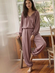 DAZY Women's Solid Color V-Neck Raglan Long Sleeve Top And Pants Pajama Set - Light Bean Paste - View 5
