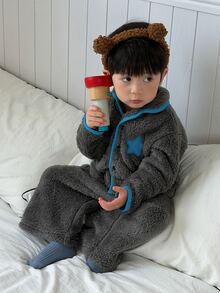 DAZY Infant/Toddler (Boy) Turn-Down Collar Fleece-Feel Autumn/Winter Color-Block 2 Pieces Loungewear Set - Dark Grey - View 6