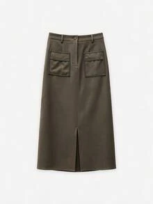 Nöista Misi Skirt Contrast Piping And Front Slit Opening - Khaki - View 8