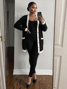 SHEIN Lady Plus Size Striped Colorblock Button Long Sleeve Knit Cardigan - Black - View 5