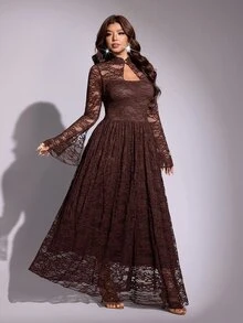 Viva Relle Romantic Lace Long Sleeve Cinched Waist A-Line Full Skirt Maxi Dress - Brown - View 7