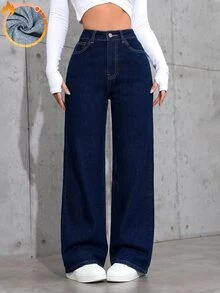 Jeanoix 女款高腰口袋寬腿寬鬆休閒牛仔褲 - 深色水洗藍 - 查看 1