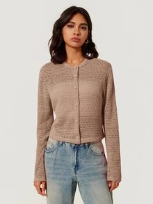SHEIN BASICS 女款優雅鏤空鈕扣針織薄款開襟衫 - 卡其色 - 查看 6