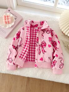 SHEIN Genkimix Kids Young Girls Sweet Cute Bow Fuzzy Zipper Jacket Coat Suitable For Daily Casual Outings Spring Autumn Winter - Pink - View 3