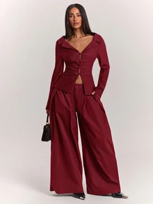 SHEIN BAE 女款純色口袋休閒日常通勤旅行西裝褲。黑色寬腿西裝褲附口袋 | 休閒寬鬆，休閒工作褲 - 酒紅色 - 查看 1