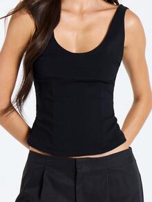 MUSERA Black Scoop Neck Fitted Top Fall Winter Women Outfit Casual - Black - View 5