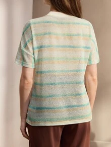 Nima Coro Kaos Kasual Serbaguna Wanita Lengan Pendek Leher Bulat Motif Garis-garis untuk Musim Panas - Mint Green - View 2