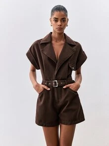 ATUI Studio Women's Bat Sleeve Lapel Neck Pocket Casual Denim Romper - Brown - View 4