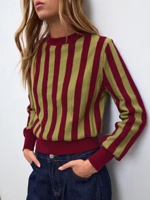 Nöista Vertical Stripes Round Neck Knit SWEATER - Khaki - View 5