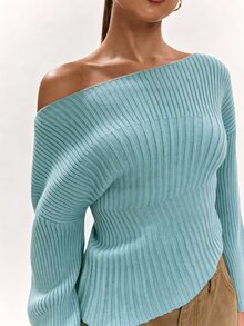 SHEIN BAE 秋冬新款女式時尚百搭優雅時尚純色針織修身抓皺休閒毛衣 - 霧霾藍 - 查看 8