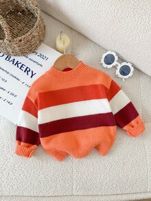 SHEIN LMoss Kids 女嬰圓領套頭毛衣，粉色條紋，柔軟舒適，適合秋冬穿著 - 紅色 - 查看 1