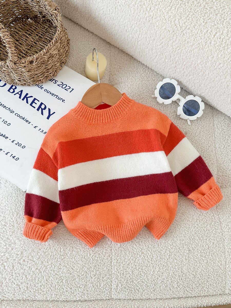 SHEIN LMoss Kids 女嬰圓領套頭毛衣,粉色條紋,柔軟舒適,適合秋冬穿著 - 紅色 - 查看 1