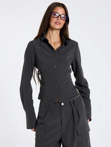 MUSERA قميص أسود بأكمام طويلة ضيق بأزرار خريف وشتاء ملابس نسائية كاجوال - رمادي غامق - مشاهدة 3