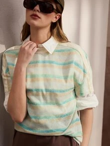 Nima Coro Kaos Kasual Serbaguna Wanita Lengan Pendek Leher Bulat Motif Garis-garis untuk Musim Panas - Mint Green - View 7