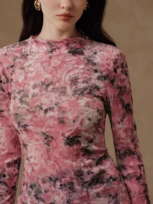 Anewsta Pink Floral Ruffle Collar Mesh Fitted Long Sleeve Soft Style Versatile Layering Women's Top T-Shirt - Pink - View 2