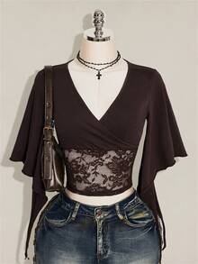 SHEIN ICON 女款蕾絲拼接V領修身百搭T恤 - 棕色 - 查看 5