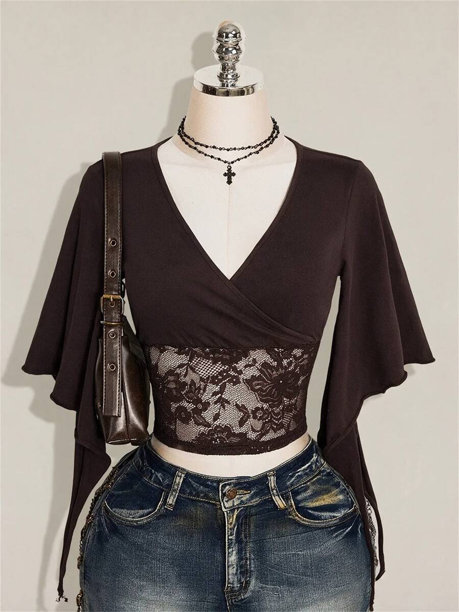 SHEIN ICON Women's Lace Patchwork V-Neck Slim Fit Versatile T-Shirt - Brown - View 1