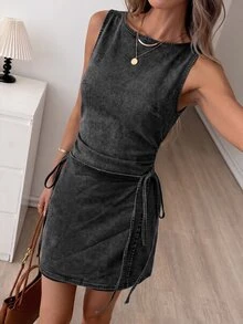 Easowa Women's Solid Color Casual Daily Summer Denim Dress - Black - View 8