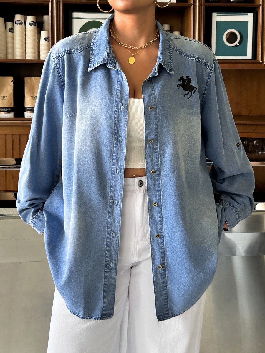 Rivivi Plus Size Knight Print Button Long Sleeve Denim Top - Blue - View 1