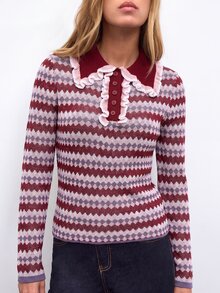 Nöista 女款條紋 Polo 領長袖休閒百搭針織衫 - 彩色 - 查看 2
