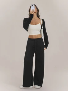 SHEIN Tall بنطال رياضي نسائي كاجوال بلون موحد وساق واسعة 2 قطعة - متعدد الألوان - مشاهدة 6