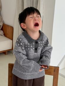 Dazy Kids Áo cardigan cổ bẻ tay dài cho bé trai sơ sinh mùa thu/đông - Xám - Xem 5