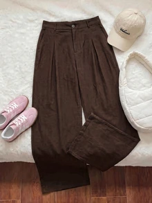 Comfortcana Plus Size Solid Color Button Casual Wide Leg Pants Graduation,Back To Schoo - Chocolate Brown - View 7