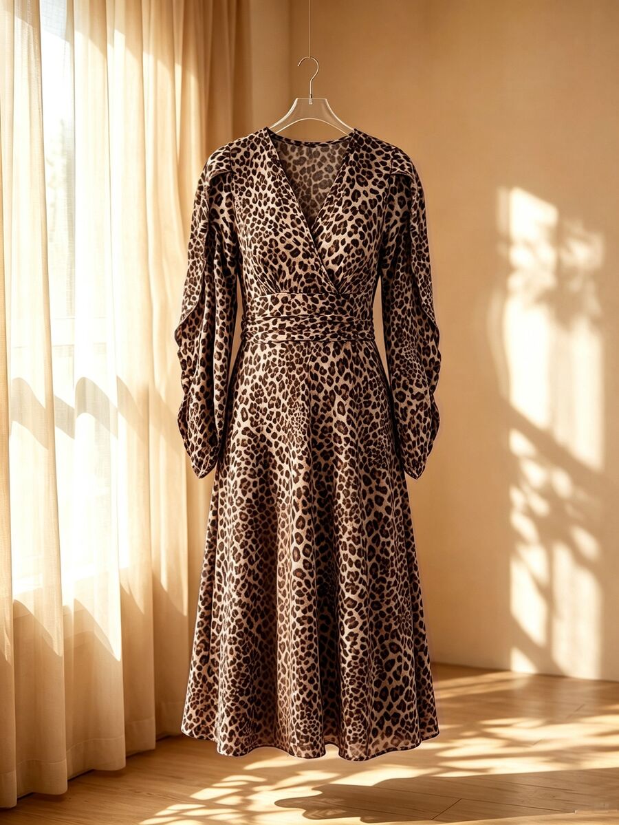 GlowEve CURVE Plus Size Autumn/Winter Elegant V-Neck Design Sleeve Cinched Waist Leopard Print Dress - Khaki - View 1
