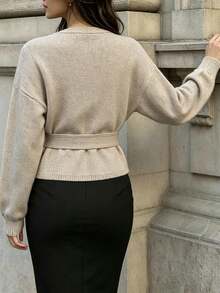 Cévolie Women's Solid Color Metal Decor Casual Daily Cardigan - Apricot - View 2