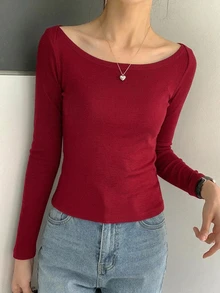 DAZY 女款大圓領修身短袖優雅T恤 灰色 春夏款 - 酒紅色 - 查看 4