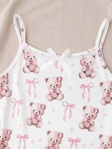 SHEIN 兒童青少年女孩簡約可愛熊圖案長褲套裝，舒適休閒居家服 2 件套 - 彩色 - 查看 4