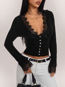 SHEIN PETITE كارديجان نسائي رقيق بأكمام طويلة وتصميم مرقع بالدانتيل وأزرار أمامية مفردة - الأسود - مشاهدة 7