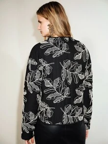 Aveloria Modichic Women's Jacket Loose Straight Embroidered Single-Breasted Round Neck Modern Black Large White Leaf Embroidery Fall Clothes For Women Autumn Outfit - Black - View 3