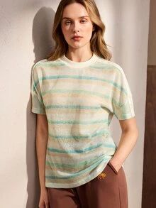 Nima Coro Kaos Kasual Serbaguna Wanita Lengan Pendek Leher Bulat Motif Garis-garis untuk Musim Panas - Mint Green - View 1