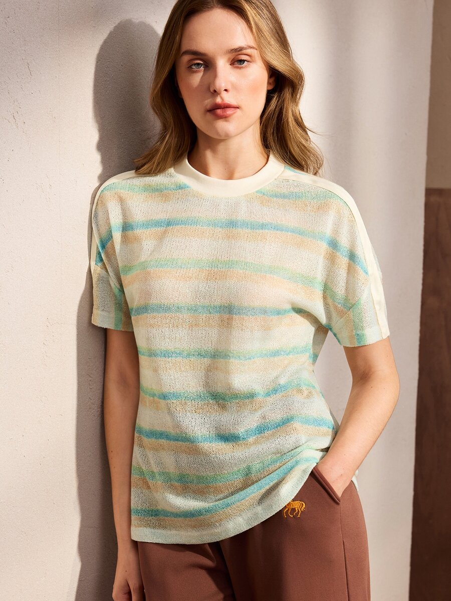 Nima Coro Kaos Kasual Serbaguna Wanita Lengan Pendek Leher Bulat Motif Garis-garis untuk Musim Panas - Mint Green - View 1